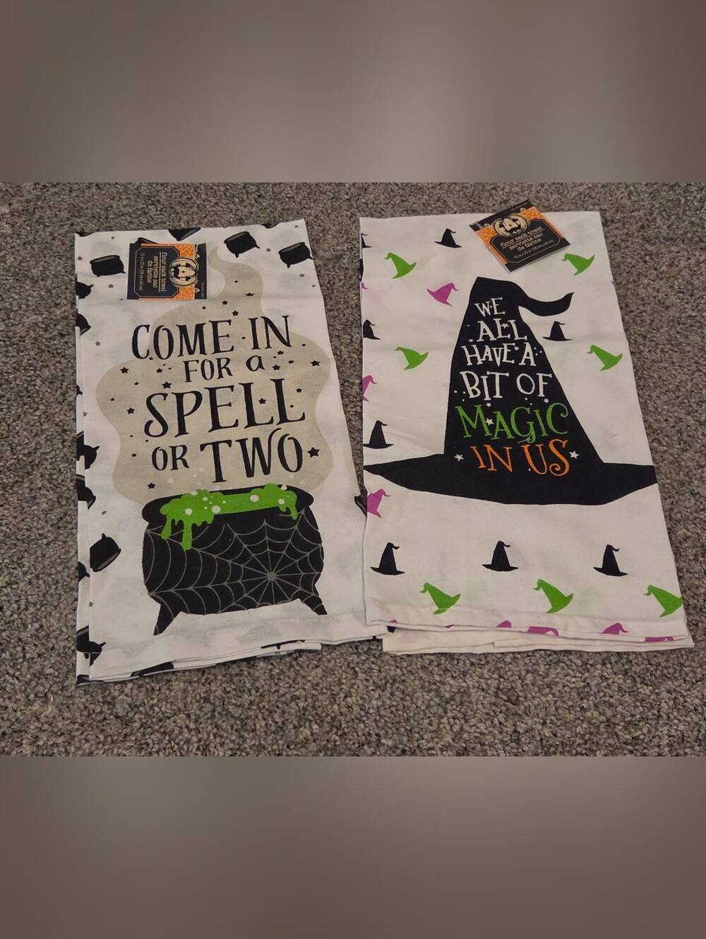 Halloween Witch Tea Towels Set Spooky Caudron Witch Hat